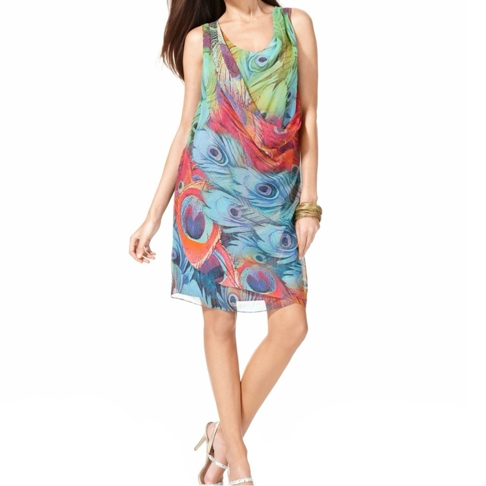 Ellen Tracy Peacock Shift Chiffon Dress Women’s Size 6 Sleeveless Belted Multi